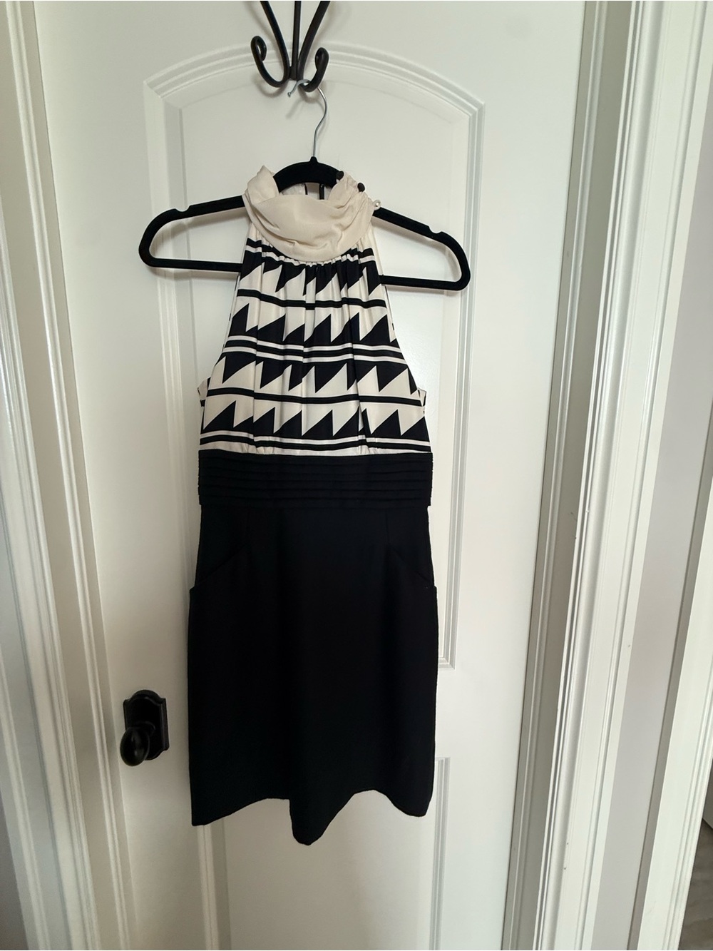 Shoshanna Black & Cream One-Shoulder Geo Halter Dress